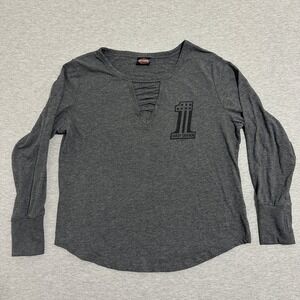 Harley-Davidson Long Sleeve Lattice V-Neck Cactus Graphic T-Shirt Gray Womens L